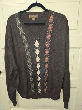 Tasso Elba Cotton Cashmere Argyle V-Neck Brown Sweater GUC Size: XL